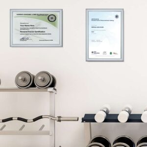 Framed certificates in a gym